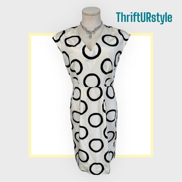 White‎ Circle Print V-Neck Dress Cocktail Party Career Modern Chic - Picture 1 of 4